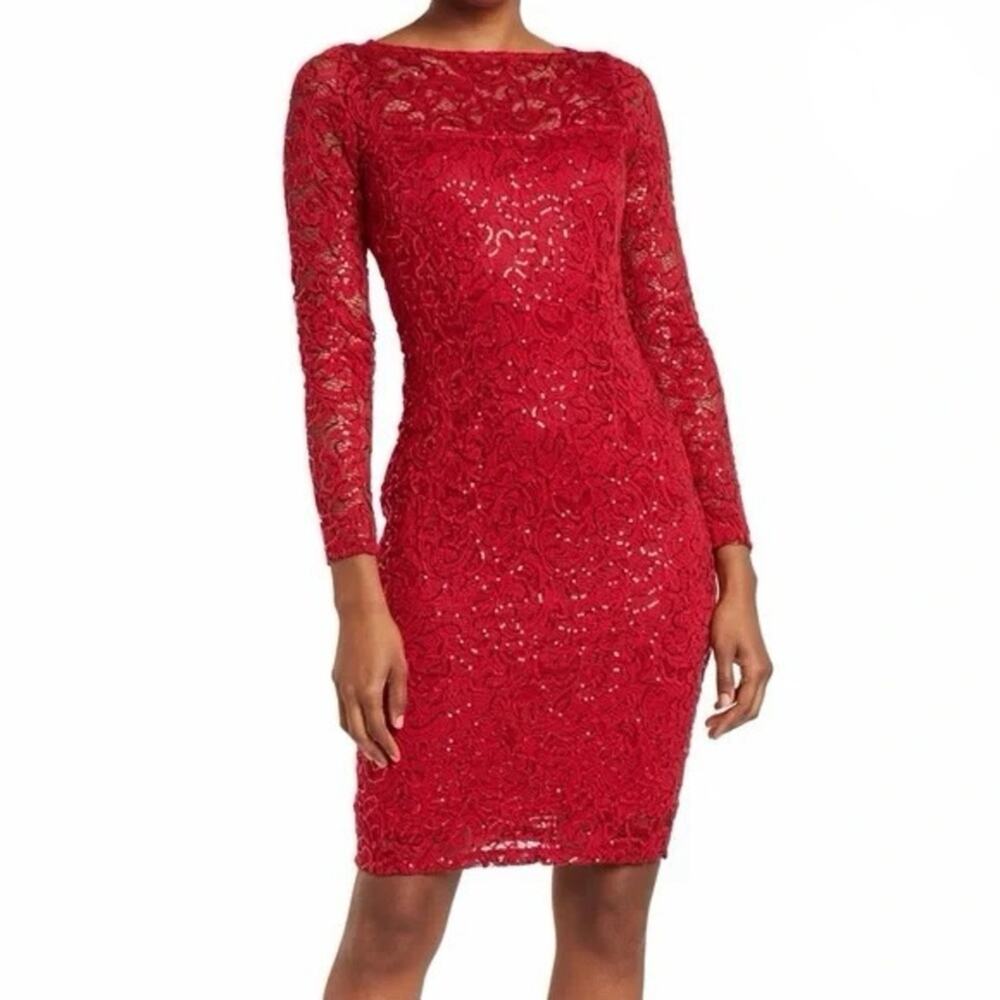 Marina Round Neck Ruched Side Sequin Lace 3/4 Sleeve Sheath Dress Red Sz 6